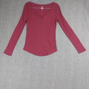 SO PERFECT FITTED HENLEY WOMENS Y2K STYLE BURGUNDY MAROON RIBBED LONG SLEEVE L